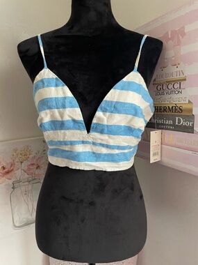 a new day Blue & White Striped V-Neck Crop Tank